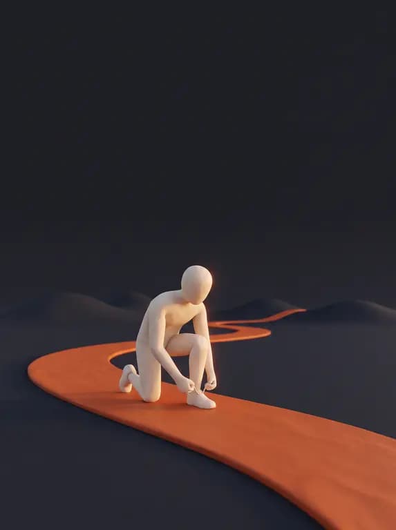 A clay runner tying a shoe on an orange path at night